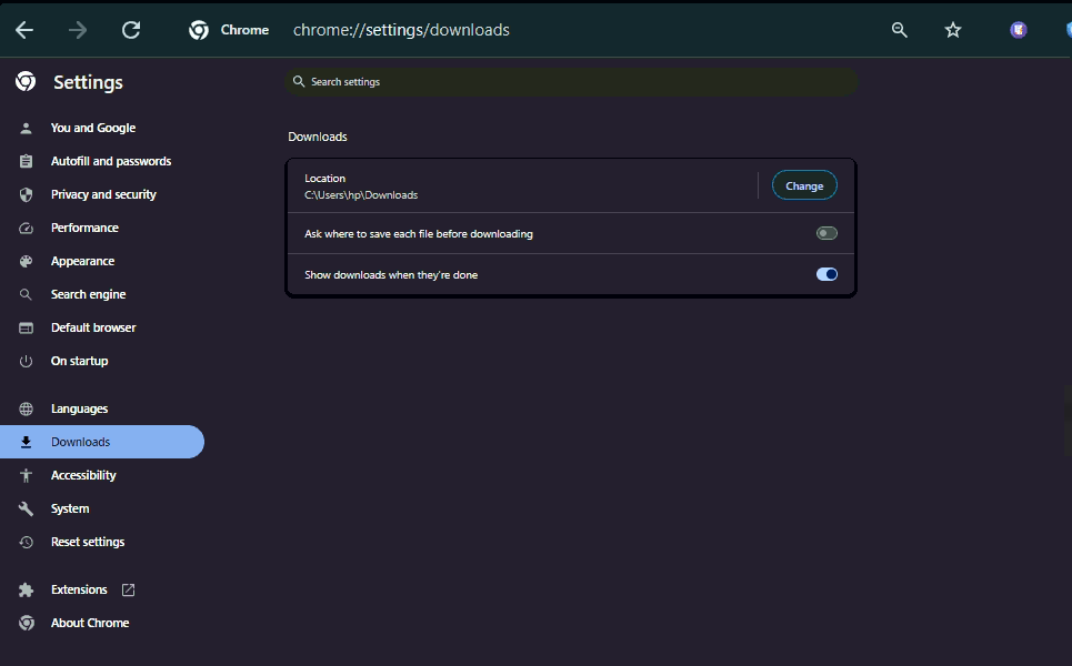 Download folder location